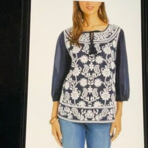 NWOT Style & Co Navy White Floral Embroidered Boho 3/4 Sleeve Blouse with Tie L